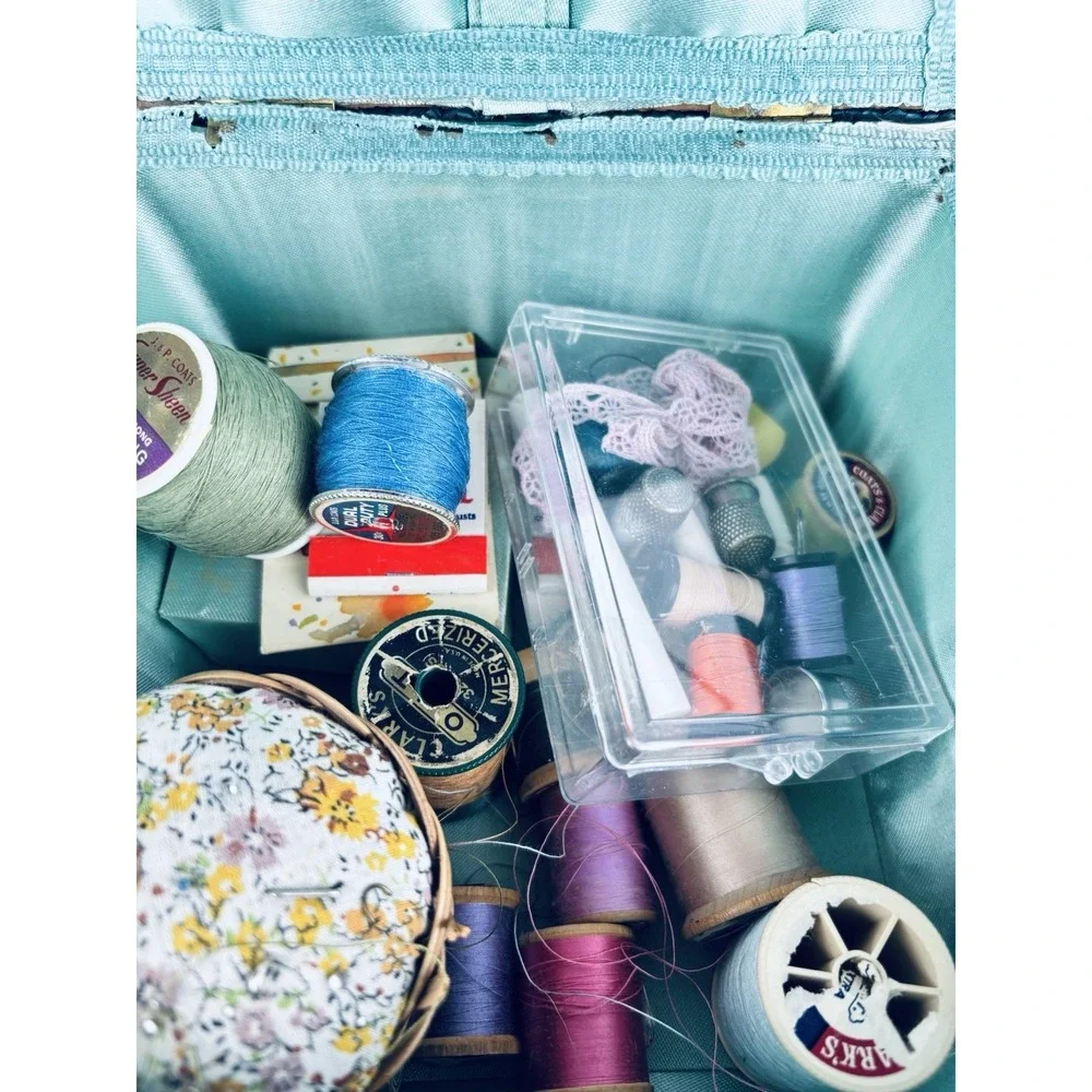 Vintage Wicker Sewing Basket / Music Box & Satin Lining Thread Supplies Works!